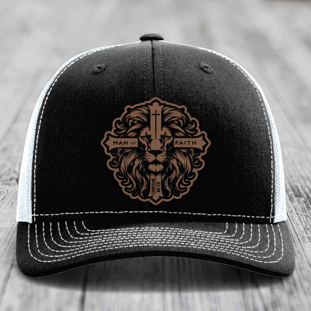 Man of Faith - Leather Patch Hat - Dark Brown to Black Patch - Richardson 112 Snapback Trucker Hat