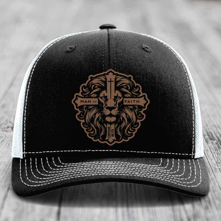 Man of Faith - Leather Patch Hat - Dark Brown to Black Patch - Richardson 112 Snapback Trucker Hat