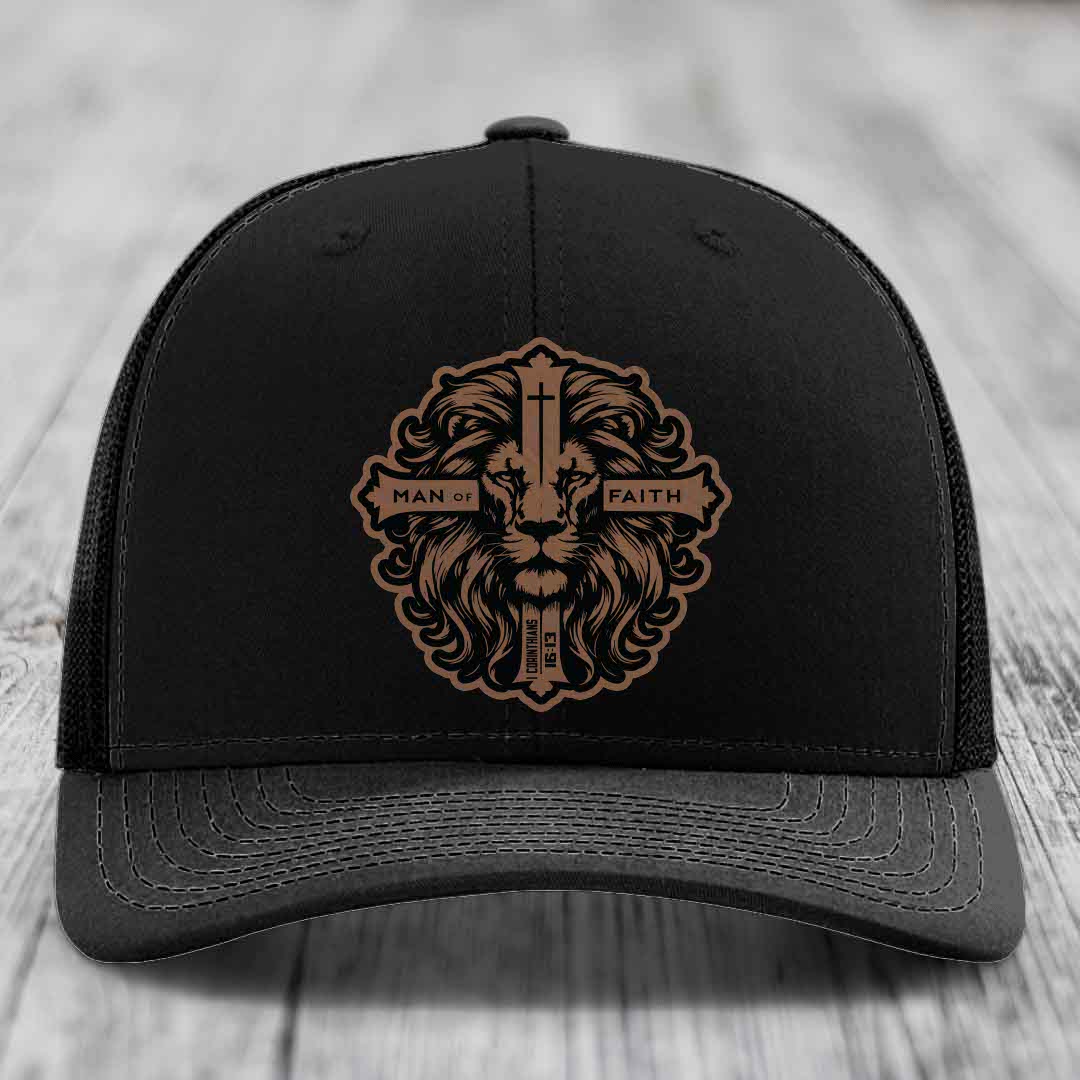 Man of Faith - Leather Patch Hat - Dark Brown to Black Patch - Richardson 112 Snapback Trucker Hat