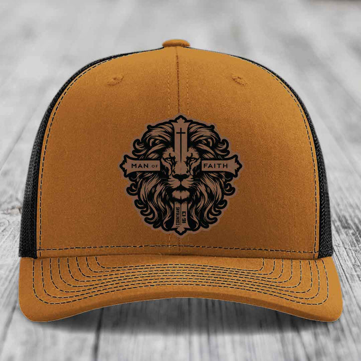 Man of Faith - Leather Patch Hat - Dark Brown to Black Patch - Richardson 112 Snapback Trucker Hat