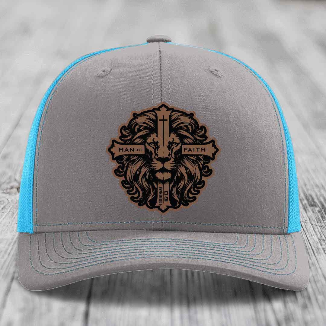 Man of Faith - Leather Patch Hat - Dark Brown to Black Patch - Richardson 112 Snapback Trucker Hat