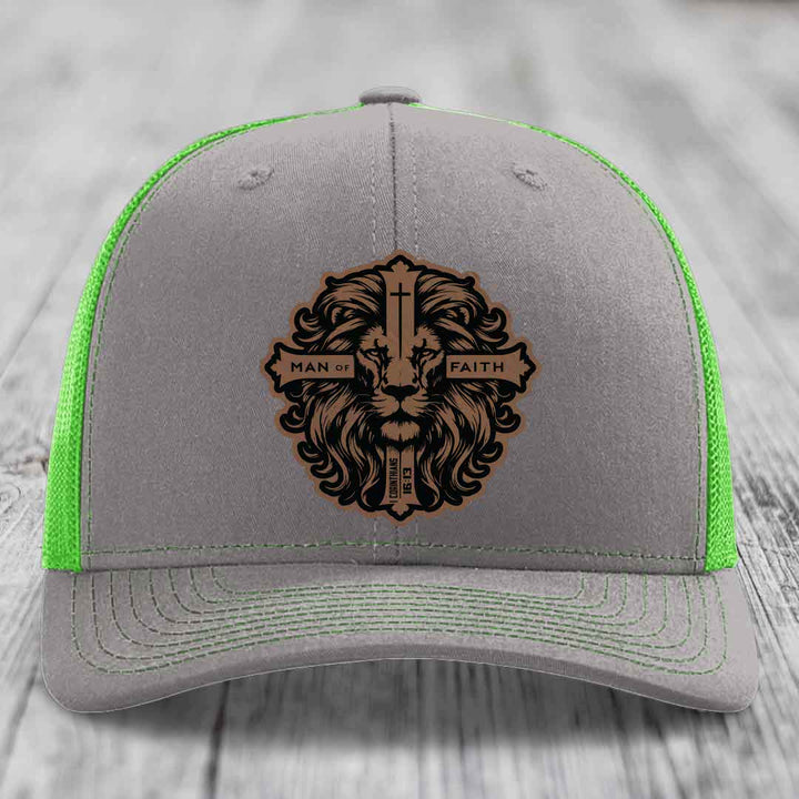 Man of Faith - Leather Patch Hat - Dark Brown to Black Patch - Richardson 112 Snapback Trucker Hat