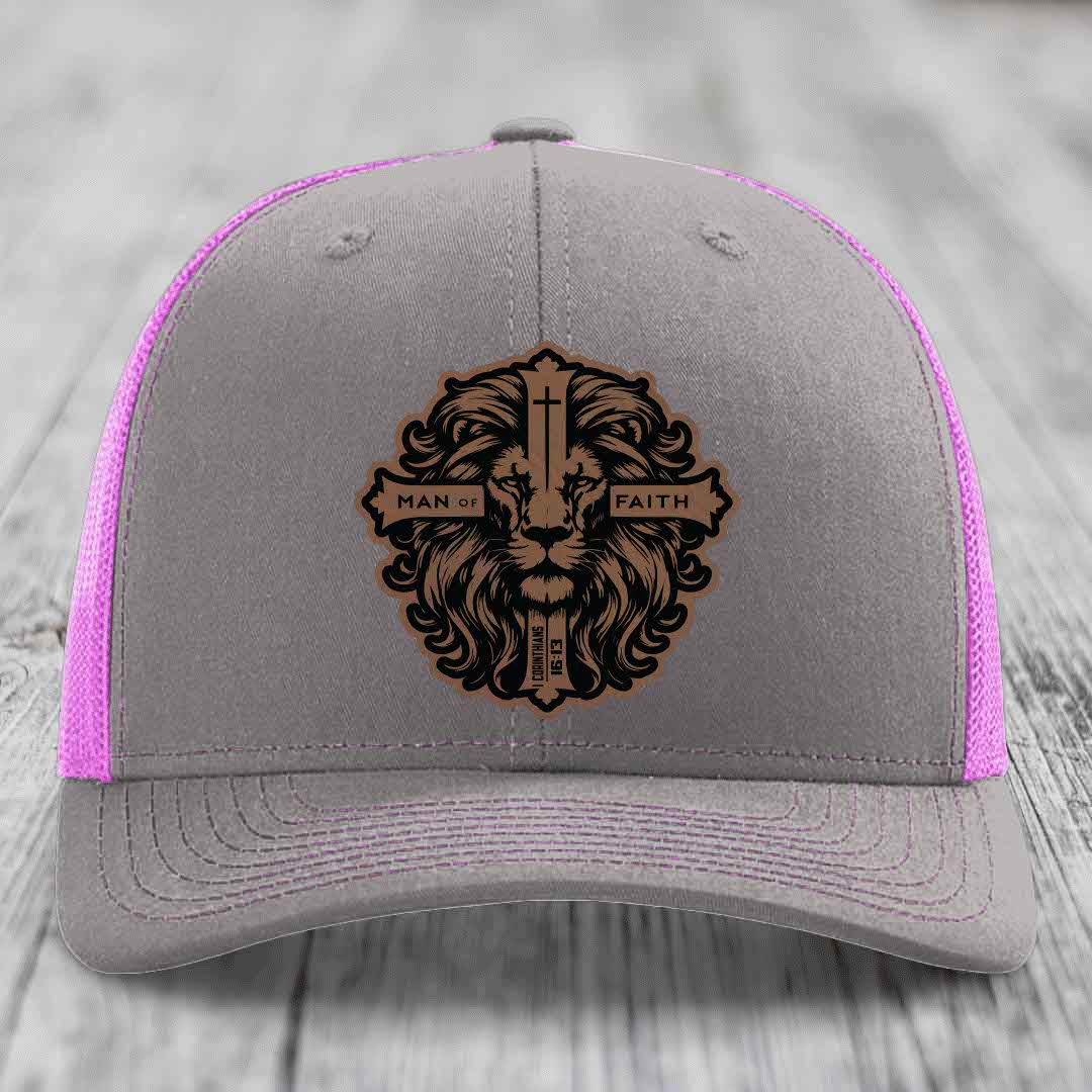 Man of Faith - Leather Patch Hat - Dark Brown to Black Patch - Richardson 112 Snapback Trucker Hat