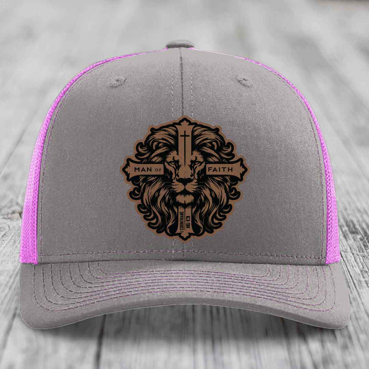 Man of Faith - Leather Patch Hat - Dark Brown to Black Patch - Richardson 112 Snapback Trucker Hat