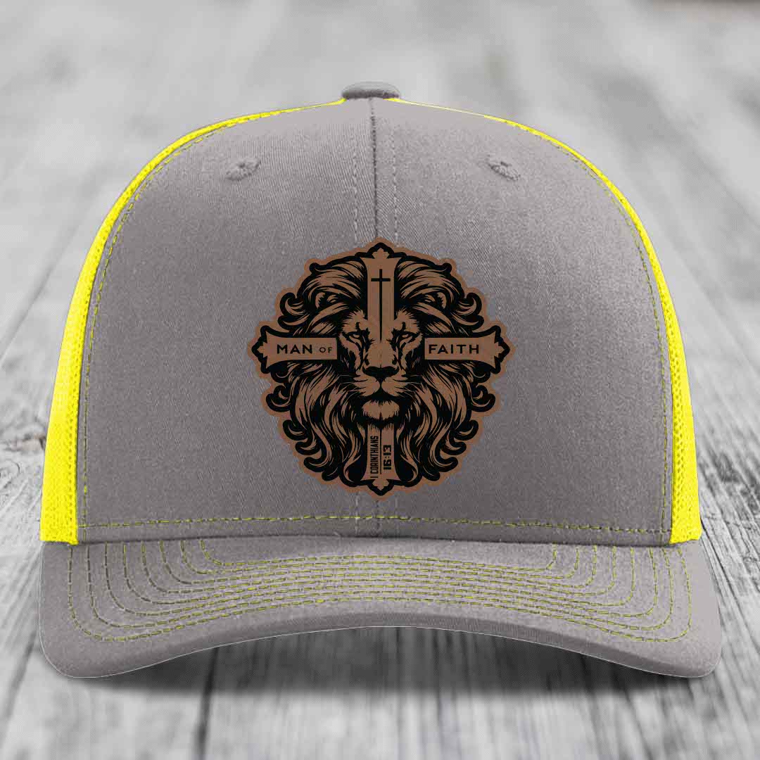 Man of Faith - Leather Patch Hat - Dark Brown to Black Patch - Richardson 112 Snapback Trucker Hat