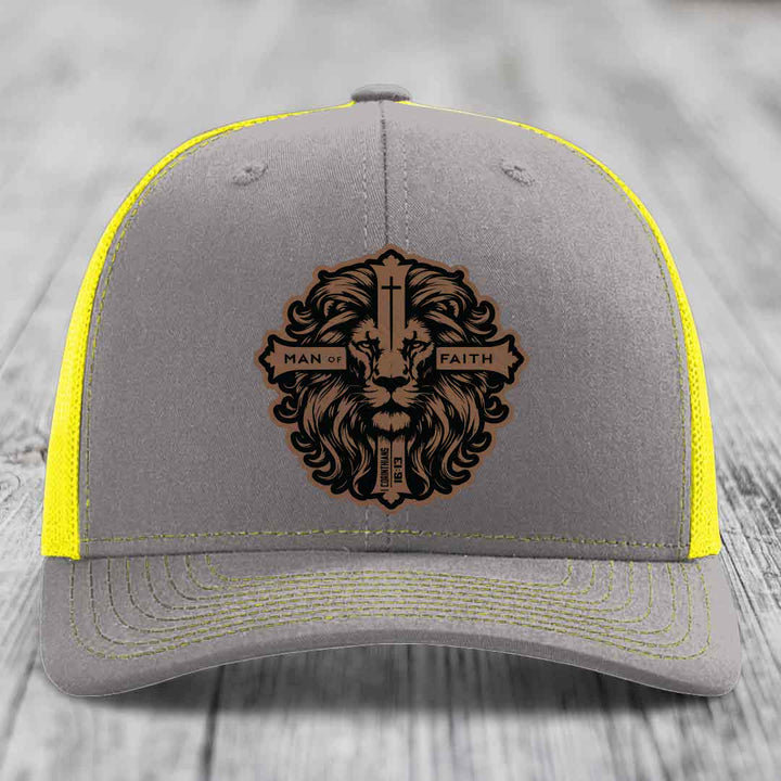 Man of Faith - Leather Patch Hat - Dark Brown to Black Patch - Richardson 112 Snapback Trucker Hat
