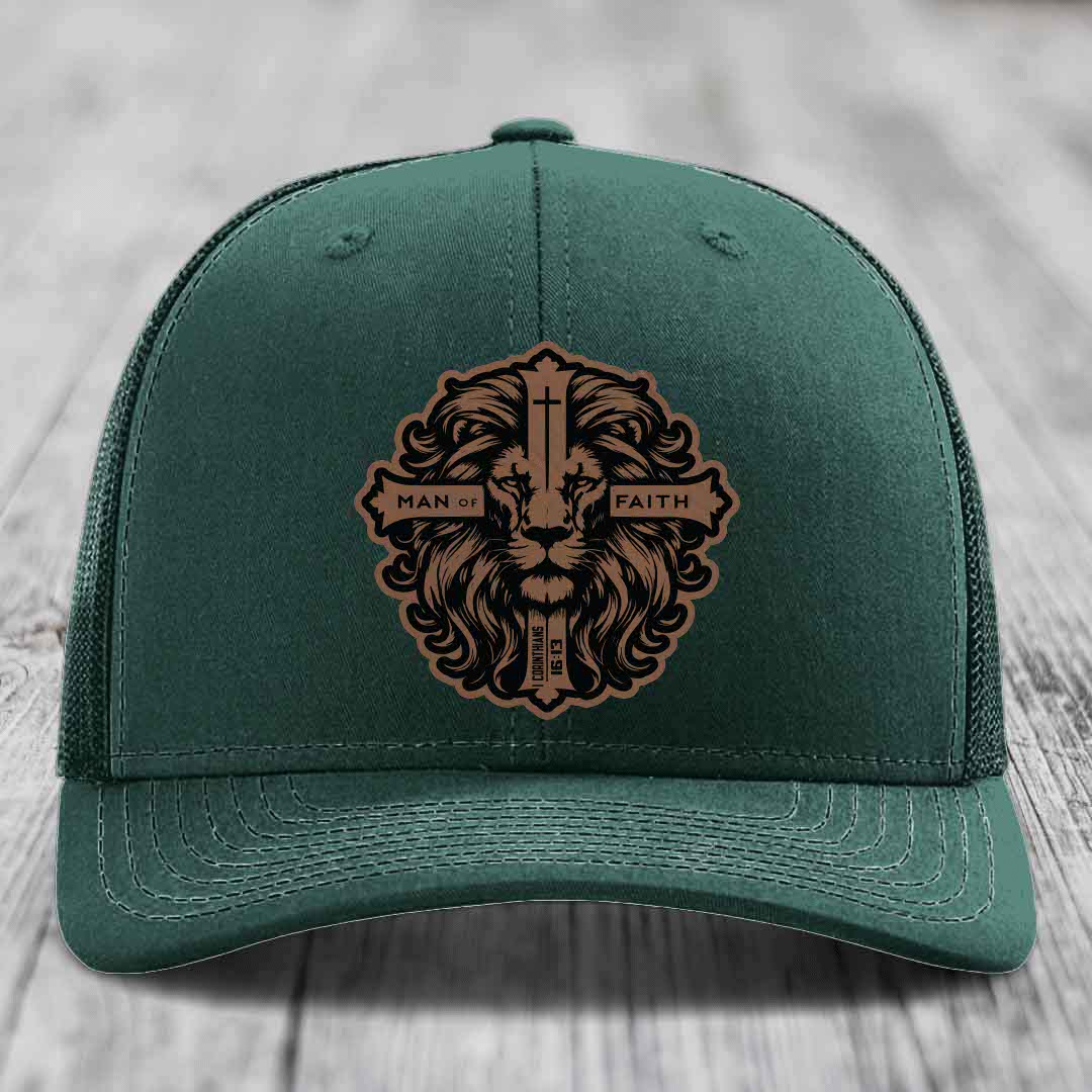Man of Faith - Leather Patch Hat - Dark Brown to Black Patch - Richardson 112 Snapback Trucker Hat