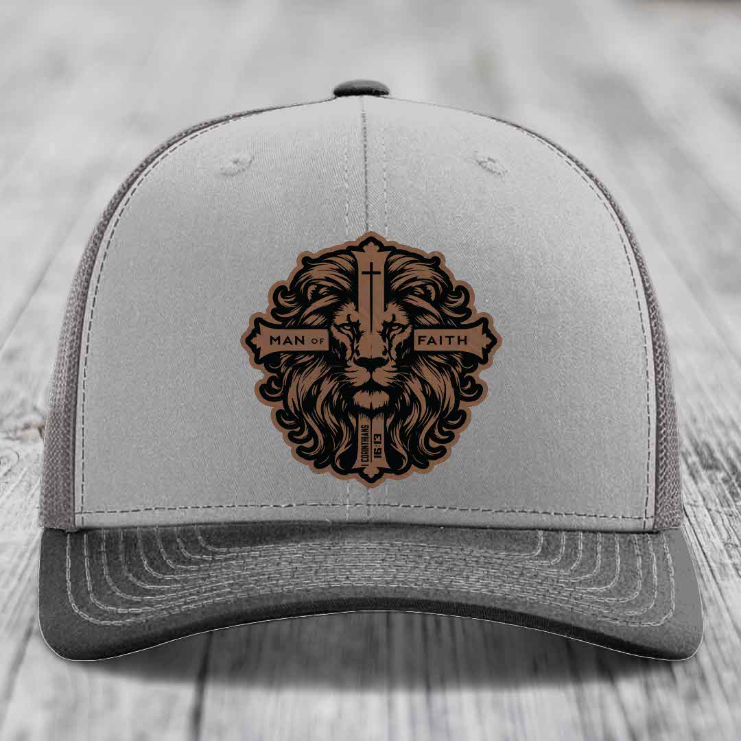 Man of Faith - Leather Patch Hat - Dark Brown to Black Patch - Richardson 112 Snapback Trucker Hat