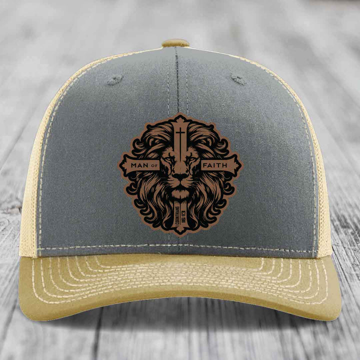 Man of Faith - Leather Patch Hat - Dark Brown to Black Patch - Richardson 112 Snapback Trucker Hat