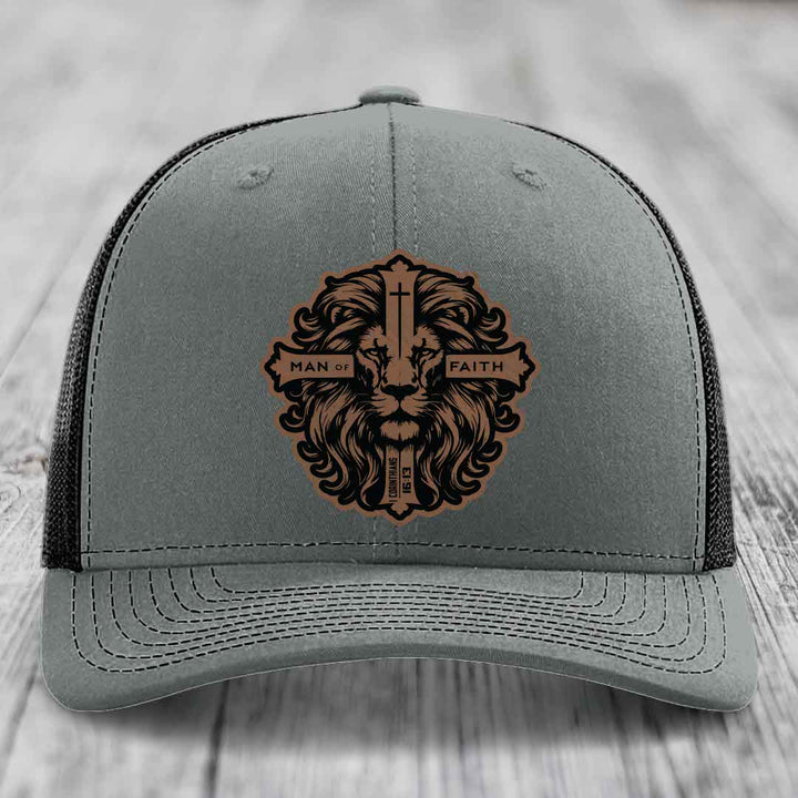 Man of Faith - Leather Patch Hat - Dark Brown to Black Patch - Richardson 112 Snapback Trucker Hat