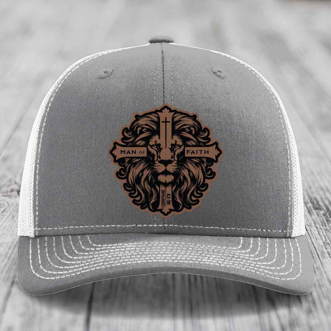 Man of Faith - Leather Patch Hat - Dark Brown to Black Patch - Richardson 112 Snapback Trucker Hat