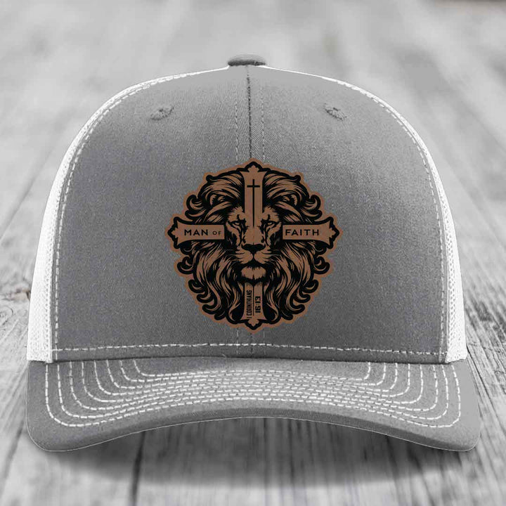 Man of Faith - Leather Patch Hat - Dark Brown to Black Patch - Richardson 112 Snapback Trucker Hat