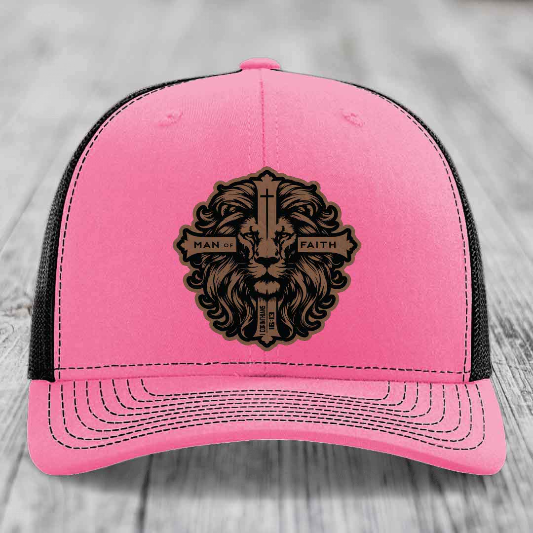 Man of Faith - Leather Patch Hat - Dark Brown to Black Patch - Richardson 112 Snapback Trucker Hat