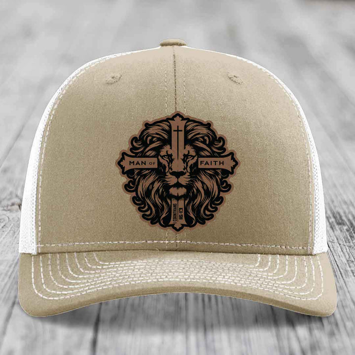 Man of Faith - Leather Patch Hat - Dark Brown to Black Patch - Richardson 112 Snapback Trucker Hat
