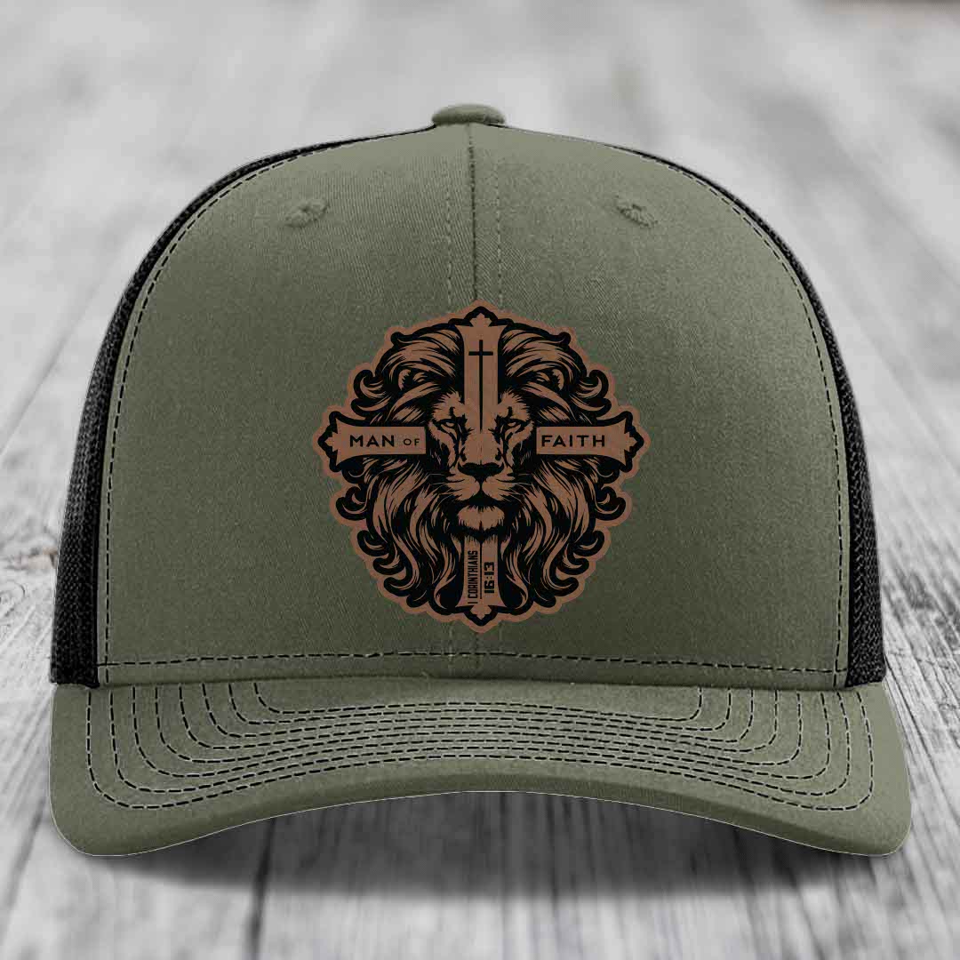 Man of Faith - Leather Patch Hat - Dark Brown to Black Patch - Richardson 112 Snapback Trucker Hat
