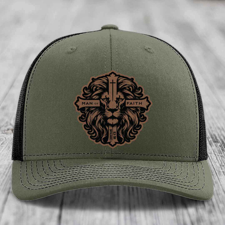 Man of Faith - Leather Patch Hat - Dark Brown to Black Patch - Richardson 112 Snapback Trucker Hat