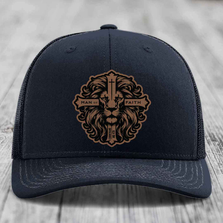 Man of Faith - Leather Patch Hat - Dark Brown to Black Patch - Richardson 112 Snapback Trucker Hat