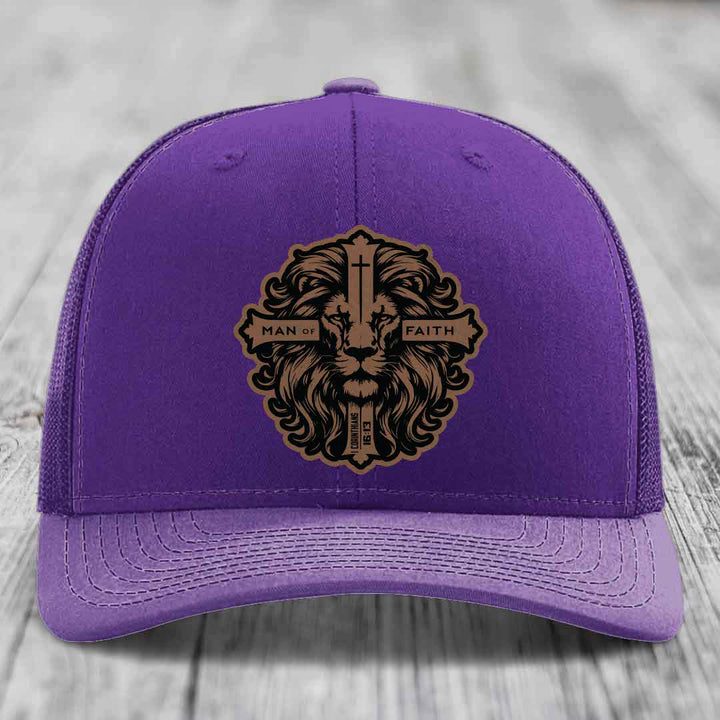 Man of Faith - Leather Patch Hat - Dark Brown to Black Patch - Richardson 112 Snapback Trucker Hat