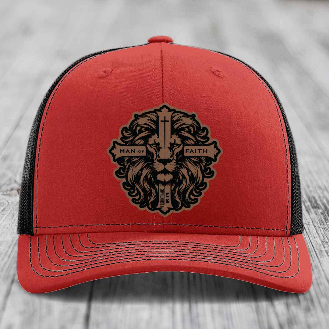 Man of Faith - Leather Patch Hat - Dark Brown to Black Patch - Richardson 112 Snapback Trucker Hat