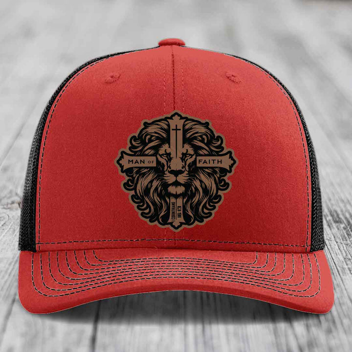 Man of Faith - Leather Patch Hat - Dark Brown to Black Patch - Richardson 112 Snapback Trucker Hat