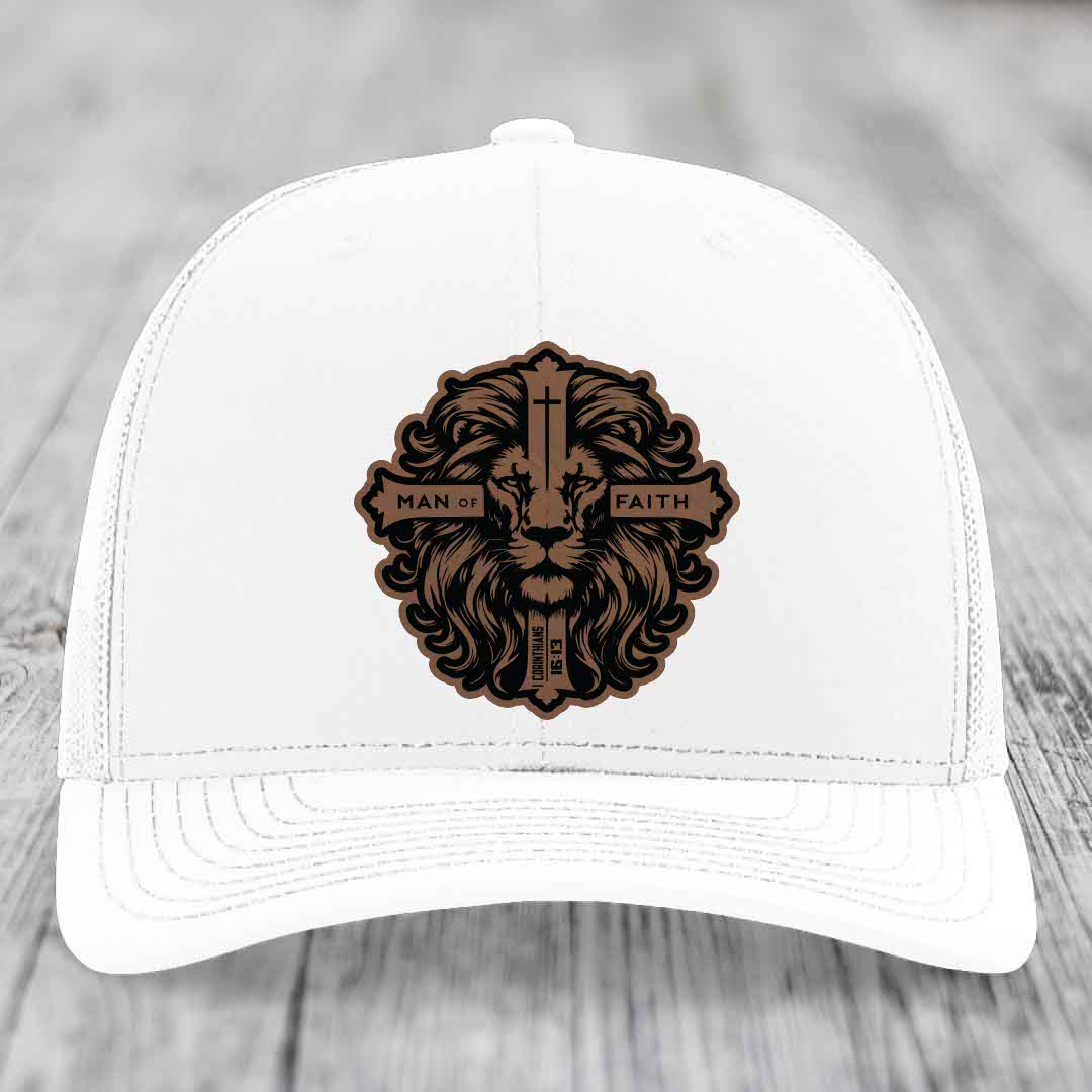 Man of Faith - Leather Patch Hat - Dark Brown to Black Patch - Richardson 112 Snapback Trucker Hat