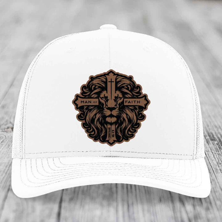Man of Faith - Leather Patch Hat - Dark Brown to Black Patch - Richardson 112 Snapback Trucker Hat