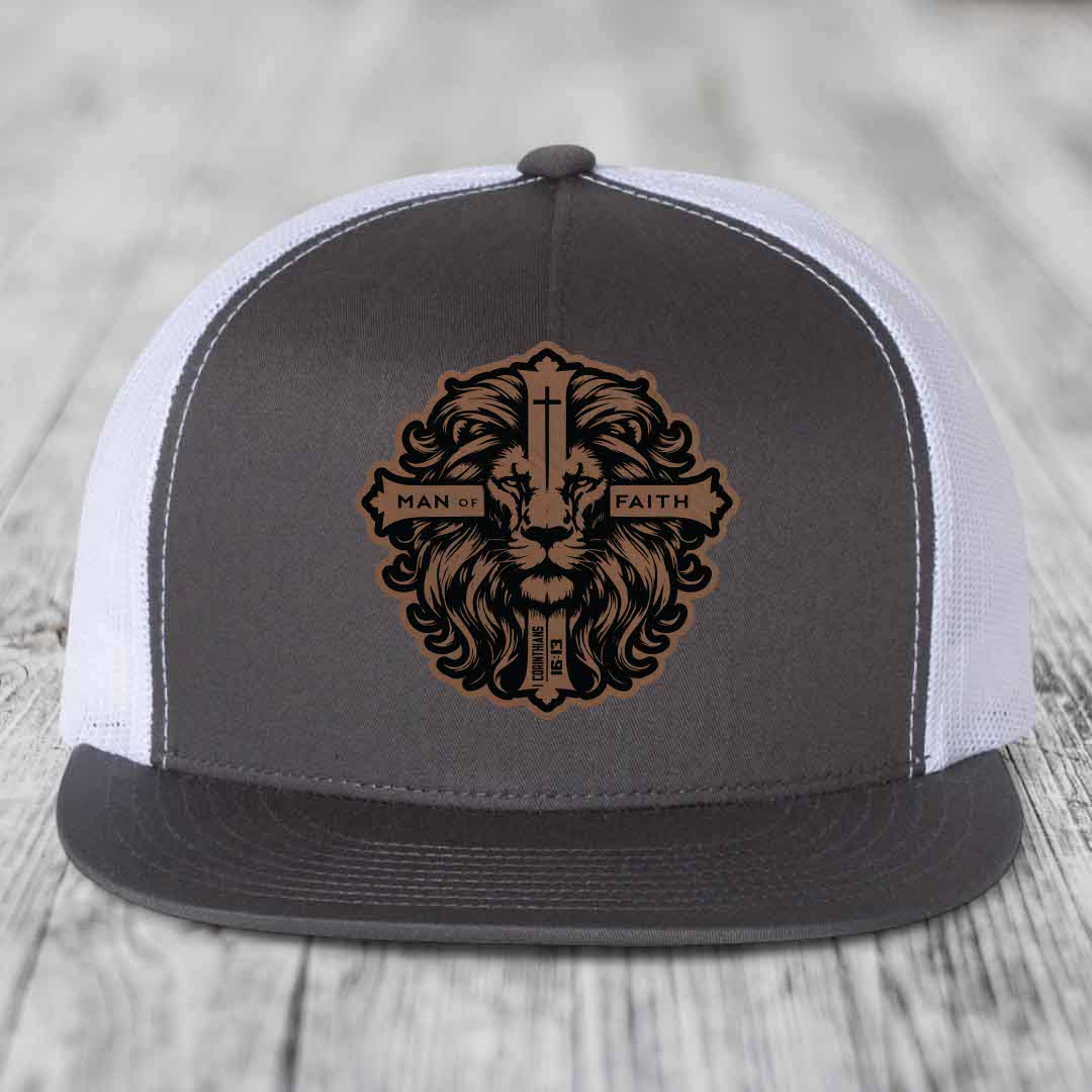 Man of Faith - Leather Patch Hat - Dark Brown to Black Patch - Yupoong 6006 Snapback Flatbill Hat