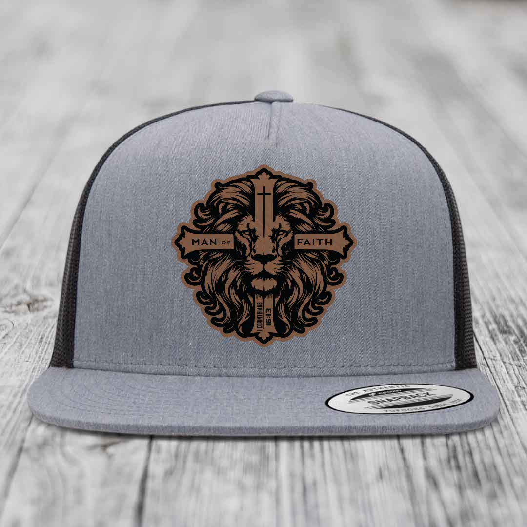 Man of Faith - Leather Patch Hat - Dark Brown to Black Patch - Yupoong 6006 Snapback Flatbill Hat
