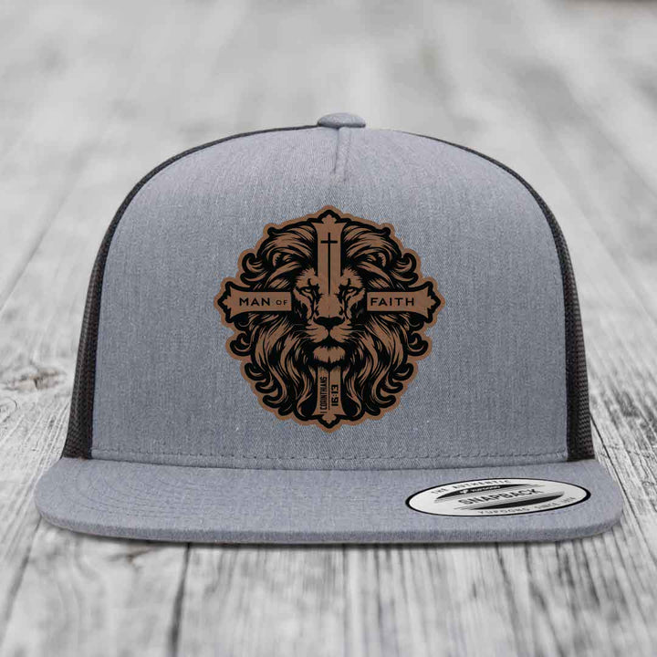 Man of Faith - Leather Patch Hat - Dark Brown to Black Patch - Yupoong 6006 Snapback Flatbill Hat