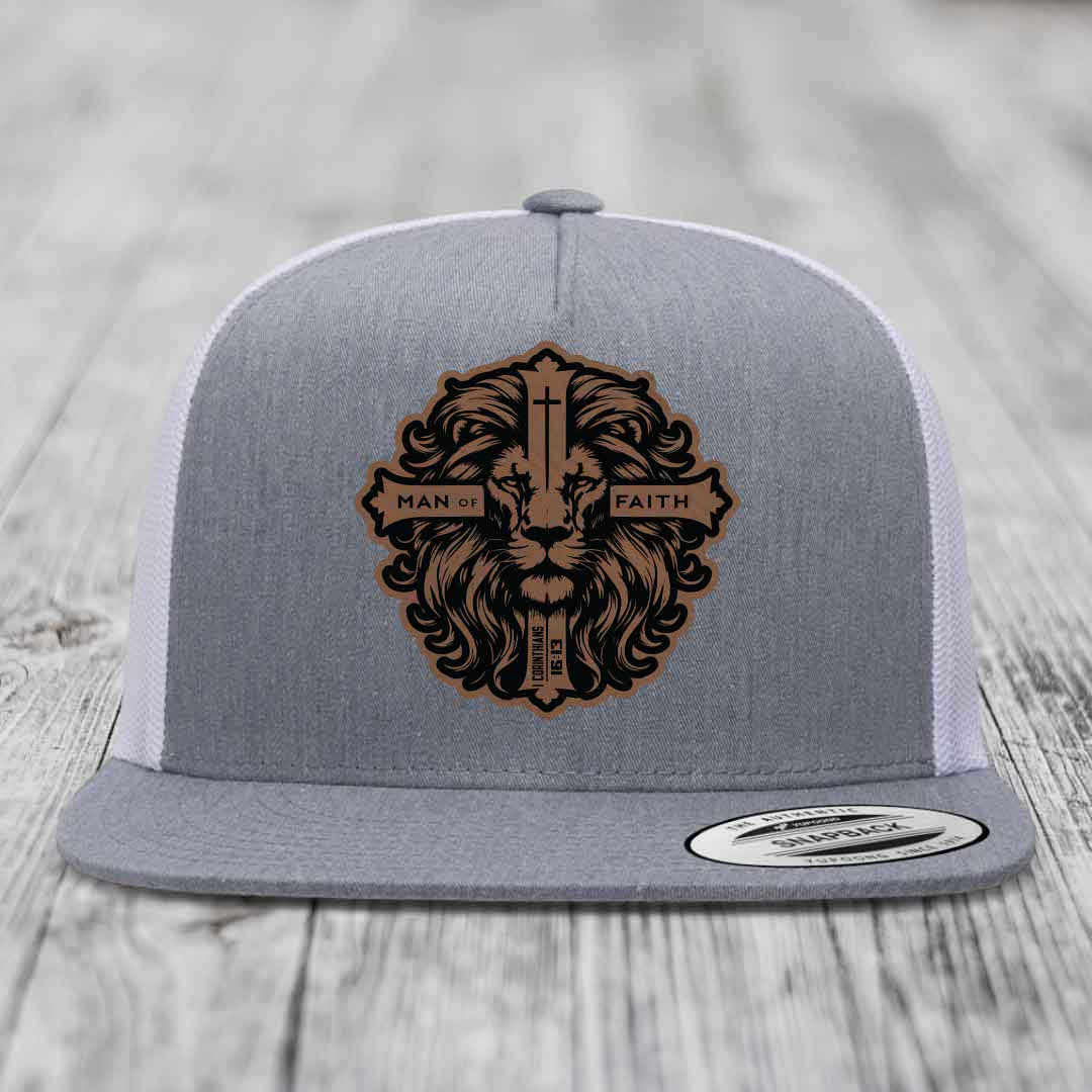 Man of Faith - Leather Patch Hat - Dark Brown to Black Patch - Yupoong 6006 Snapback Flatbill Hat