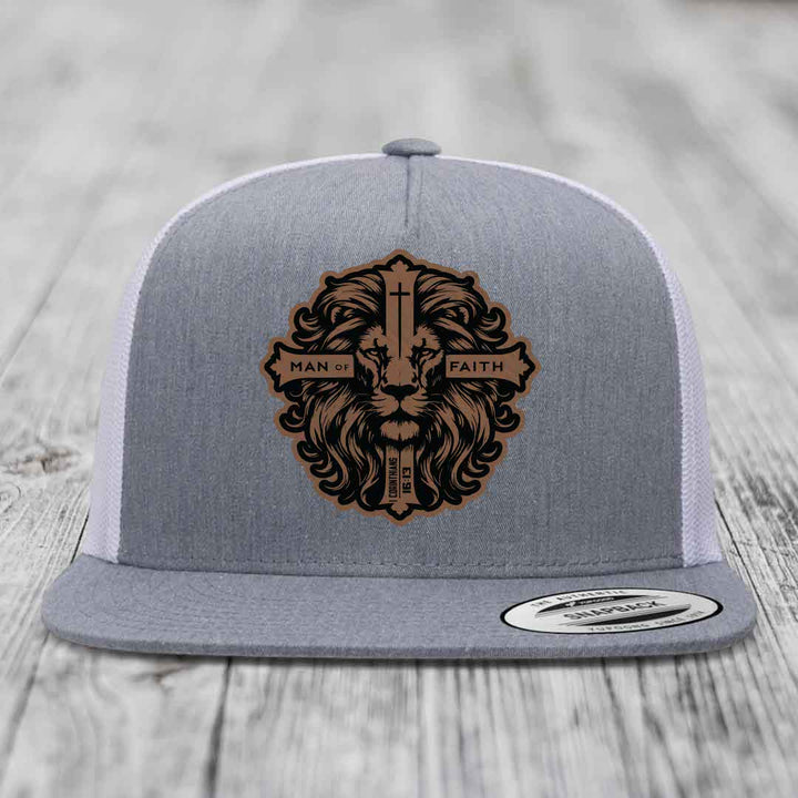 Man of Faith - Leather Patch Hat - Dark Brown to Black Patch - Yupoong 6006 Snapback Flatbill Hat