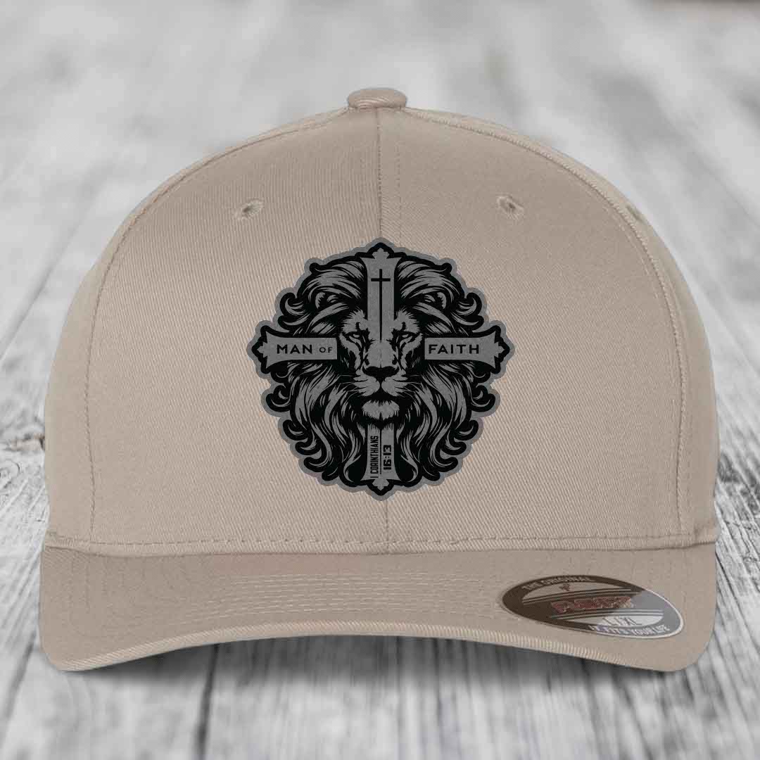 Man of Faith - Leather Patch Hat - Grey to Black Patch - Flexfit 6277 Fitted Hat