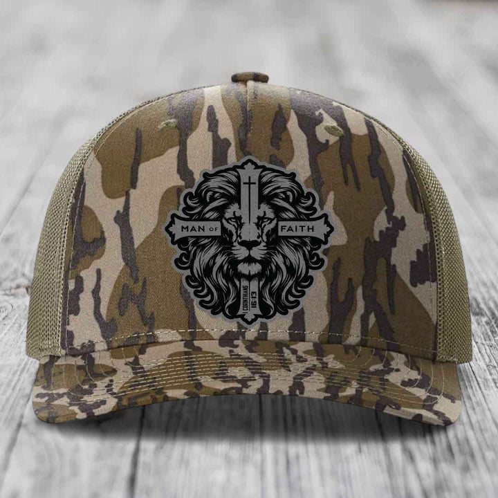 Man of Faith - Leather Patch Hat - Grey to Black Patch - Richardson 112PFP Snapback Trucker Hat