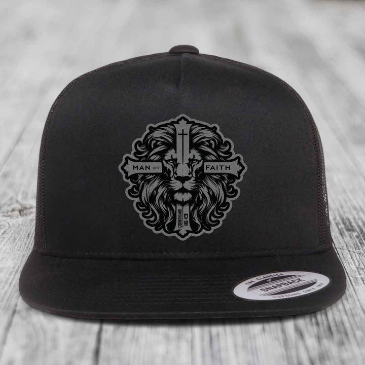 Man of Faith - Leather Patch Hat - Grey to Black Patch - Yupoong 6006 Snapback Flatbill Hat