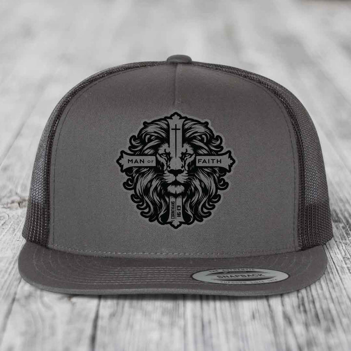 Man of Faith - Leather Patch Hat - Grey to Black Patch - Yupoong 6006 Snapback Flatbill Hat