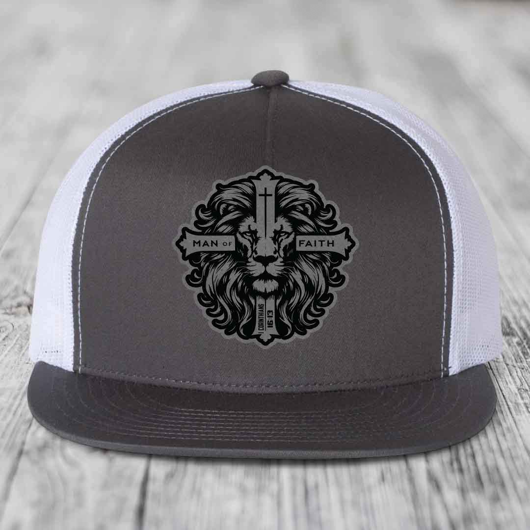 Man of Faith - Leather Patch Hat - Grey to Black Patch - Yupoong 6006 Snapback Flatbill Hat