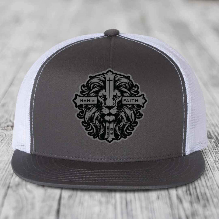 Man of Faith - Leather Patch Hat - Grey to Black Patch - Yupoong 6006 Snapback Flatbill Hat