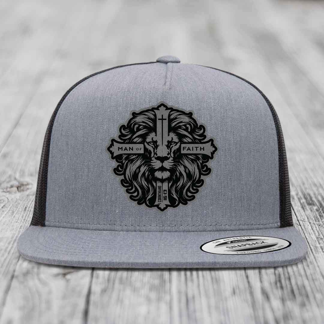 Man of Faith - Leather Patch Hat - Grey to Black Patch - Yupoong 6006 Snapback Flatbill Hat