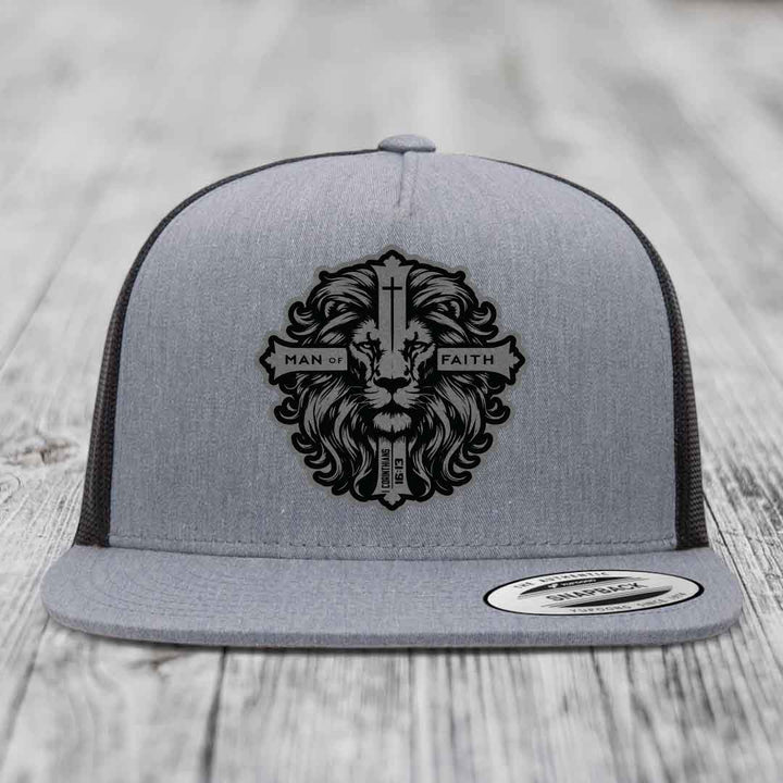 Man of Faith - Leather Patch Hat - Grey to Black Patch - Yupoong 6006 Snapback Flatbill Hat