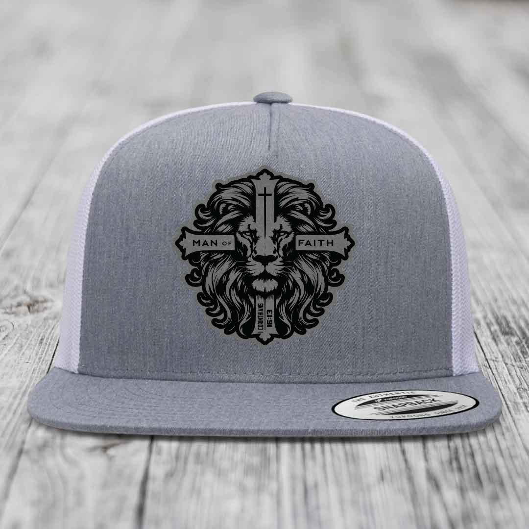 Man of Faith - Leather Patch Hat - Grey to Black Patch - Yupoong 6006 Snapback Flatbill Hat