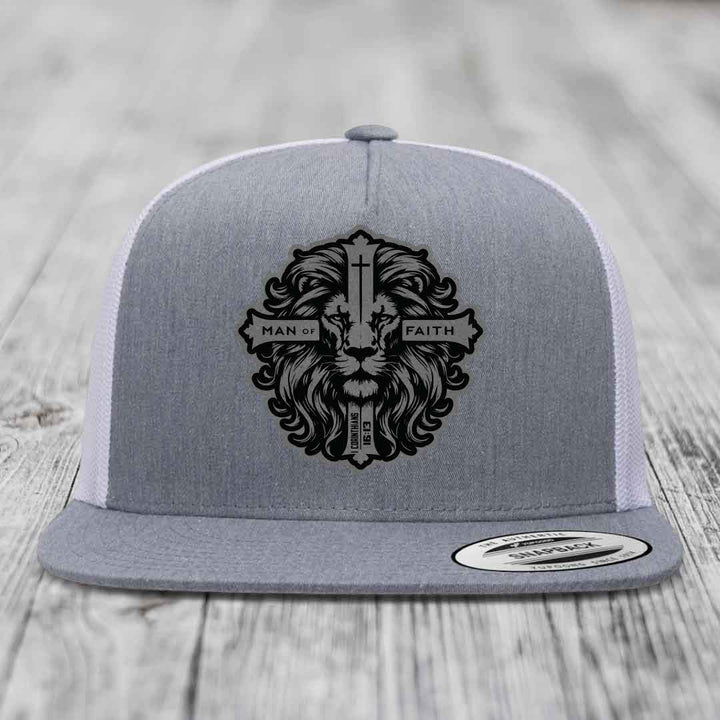 Man of Faith - Leather Patch Hat - Grey to Black Patch - Yupoong 6006 Snapback Flatbill Hat