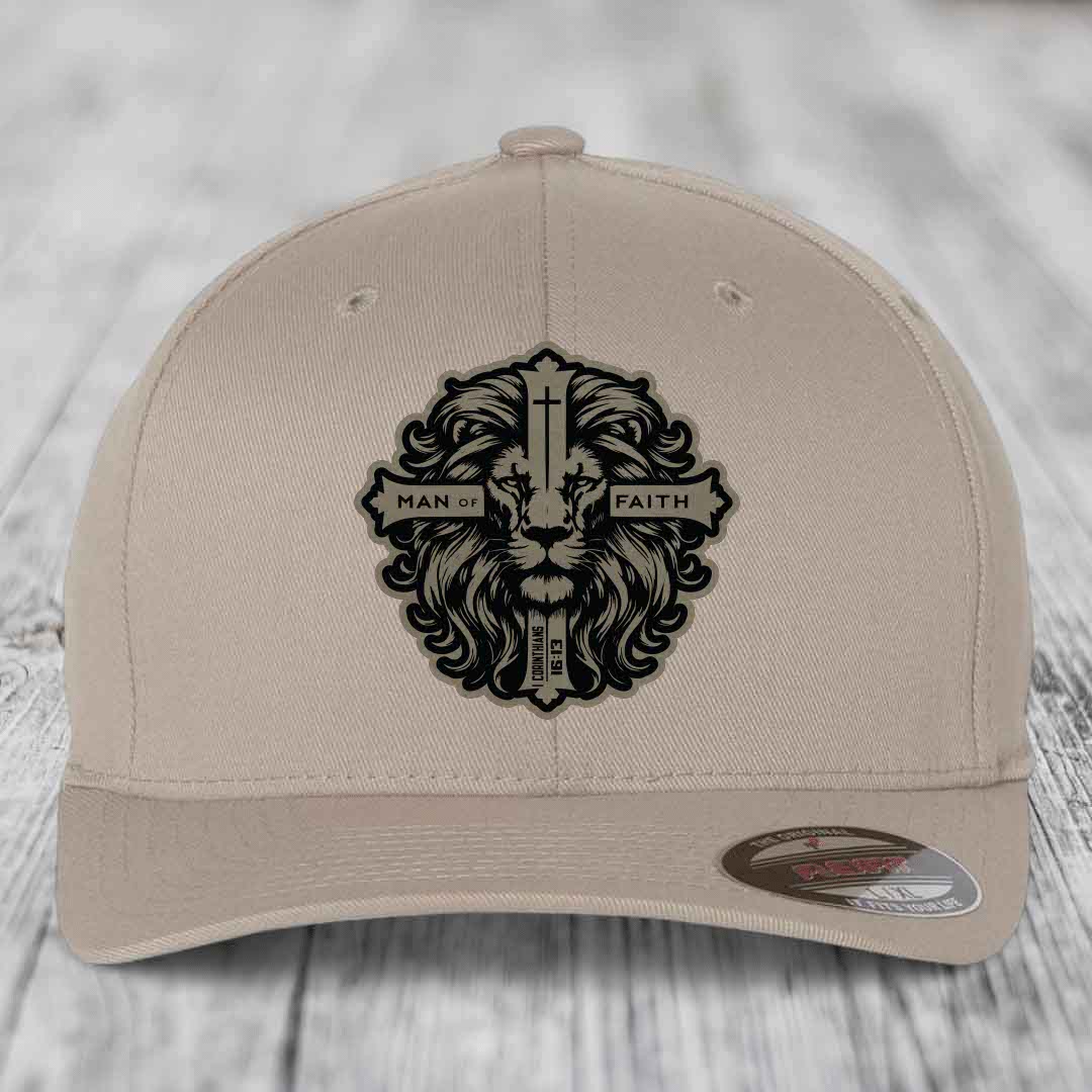 Man of Faith - Leather Patch Hat - Light Brown to Black Patch - Flexfit 6277 Fitted Hat