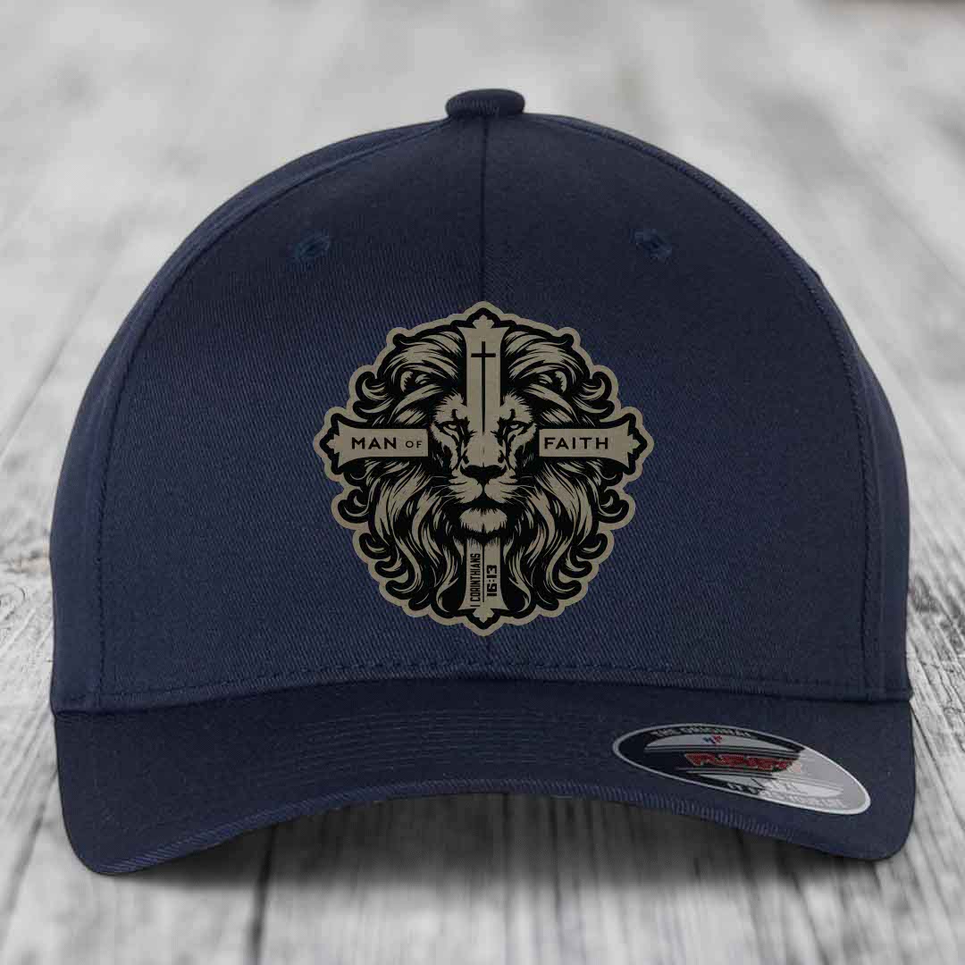 Man of Faith - Leather Patch Hat - Light Brown to Black Patch - Flexfit 6277 Fitted Hat