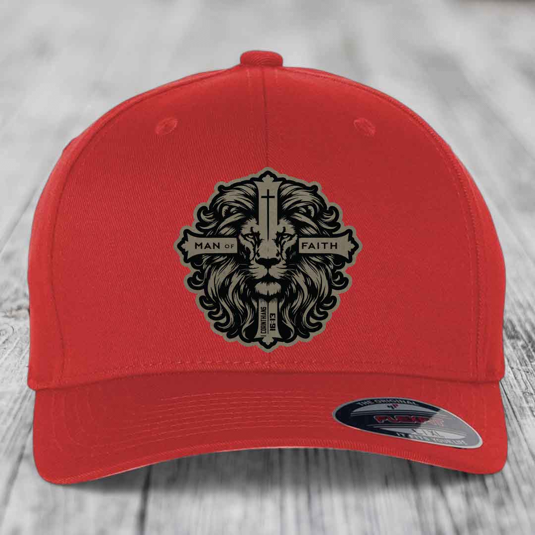 Man of Faith - Leather Patch Hat - Light Brown to Black Patch - Flexfit 6277 Fitted Hat