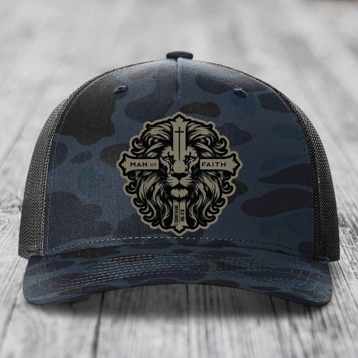 Man of Faith - Leather Patch Hat - Light Brown to Black Patch - Richardson 112PFP Snapback Trucker Hat