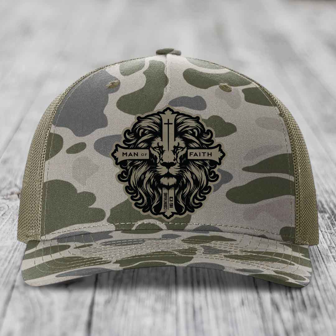 Man of Faith - Leather Patch Hat - Light Brown to Black Patch - Richardson 112PFP Snapback Trucker Hat