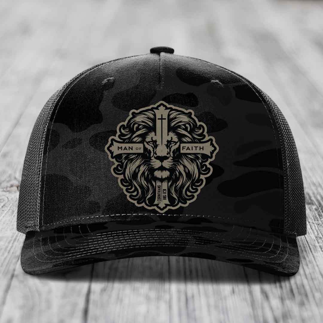 Man of Faith - Leather Patch Hat - Light Brown to Black Patch - Richardson 112PFP Snapback Trucker Hat
