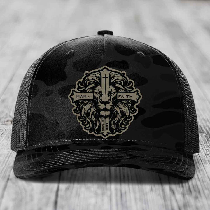 Man of Faith - Leather Patch Hat - Light Brown to Black Patch - Richardson 112PFP Snapback Trucker Hat