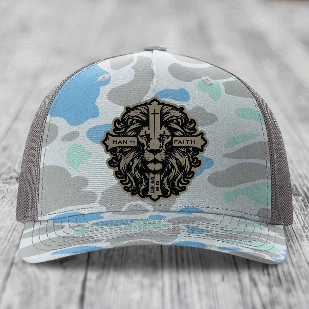 Man of Faith - Leather Patch Hat - Light Brown to Black Patch - Richardson 112PFP Snapback Trucker Hat