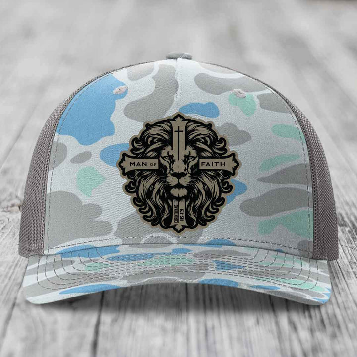 Man of Faith - Leather Patch Hat - Light Brown to Black Patch - Richardson 112PFP Snapback Trucker Hat